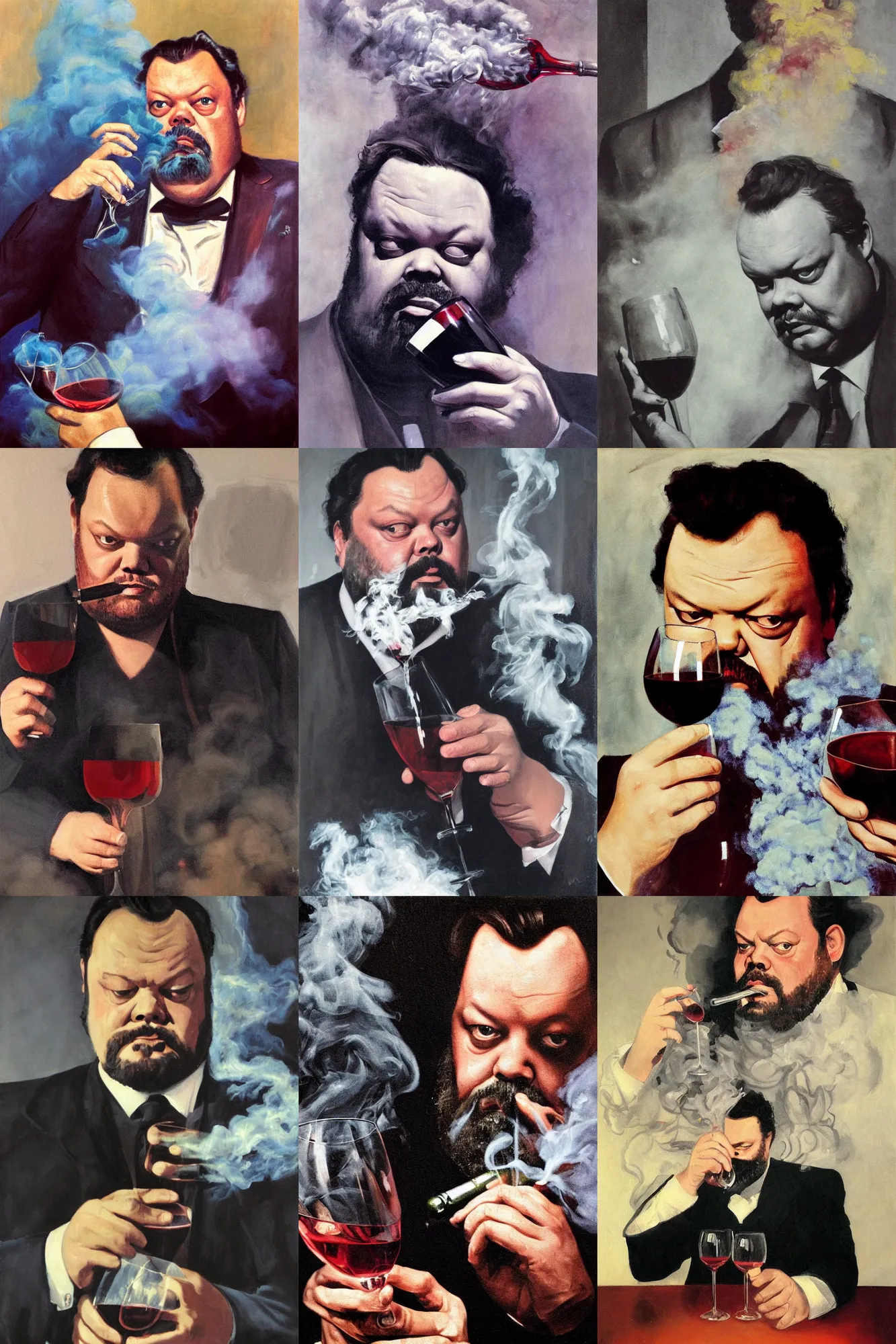 Prompt: portrait of orson welles, drinking wine, surrounded by smoke, by john harris, painting