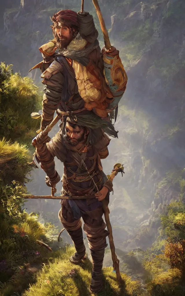 Prompt: an oil art painting of young handsome fool adventurer with hobo stick bindle rucksack, grim gwent card, gipsy mage adventurer character design from inquisition, climbing up a cliffside, 4 k, ultra detail, volumetric lighting, unreal engine, octane render