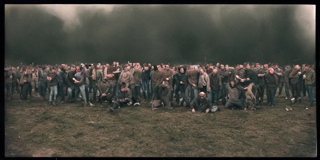 Image similar to detailed medium format photo, polaroid still from tarkovsky movie, group of english football hooligans, haze, high production value, intricate details, 8 k resolution, hyperrealistic, hdr, photorealistic, high definition, tehnicolor, award - winning photography, masterpiece, amazing colors