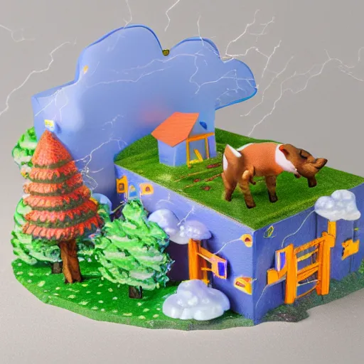 Image similar to rain diorama, cute raining thunderstorm, lightning, 4k detailed, isometric