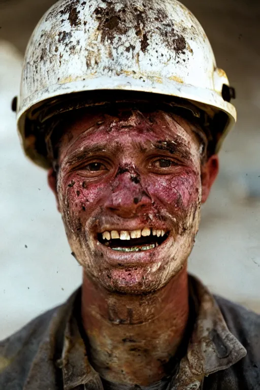 Prompt: Portrait of a Miner looking tired and over worked. Face dirty with soot. Smiling. White helmet. Standing in front of a Mine. Portra 400. 35mm Film. f/1.8. Portrait photography. Ultra HD, 8K