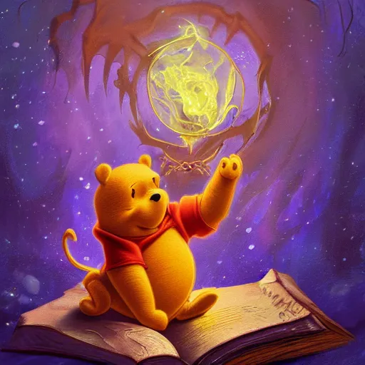 Image similar to Winnie the Pooh summoning demons with the necronomicon, cosmic horror, highly detailed, digital painting, artstation, concept art, sharp focus, illustration,