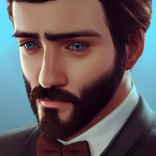 Image similar to a highly detailed portrait of a man, with a brown short beard and hair, blue eyes, wearing a tuxedo, artstation, deviantart, professional, unreal engine 5, photorealistic