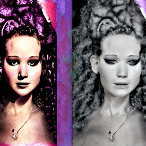 Image similar to a realistic detailed studio portrait photo of jennifer lawrence as the the bride of frankenstein, vaporwave