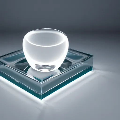 Image similar to an ultra high definition professional studio quality photograph of a transparent perspex pastel coloured wobbly shaped ashtray on a white plinth in an empty white room. dramatic lighting, ray tracing, refraction, shallow d. o. f, colour corrected, golden ratio, three point light.