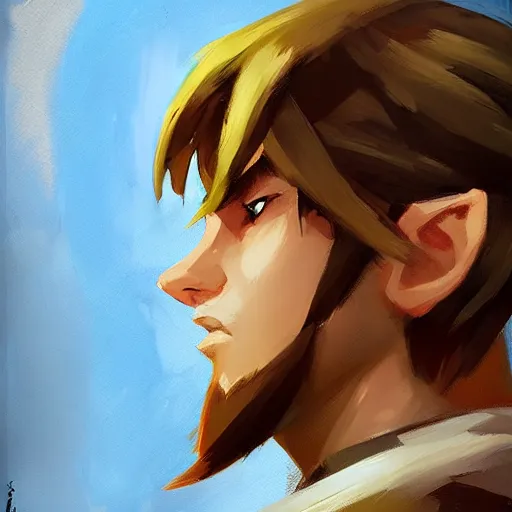 Image similar to greg manchess handsome portrait painting of young link in the legend of zelda as overwatch character, medium shot, asymmetrical, profile picture, organic painting, sunny day, matte painting, bold shapes, hard edges, street art, trending on artstation, by huang guangjian and gil elvgren and sachin teng