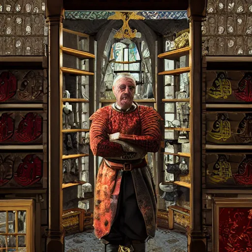 Image similar to full body portrait of Dennis hopper as a devious medieval lord standing on the right inside a big medieval Shop with tall windowpane, shelves full of medieval goods, morning light, dramatic lighting, high contrast, trending on artstation, style of midjourney, unreal engine, octane render, intricate details, 8k high definition, beauriful, ornate, hyperrealistic