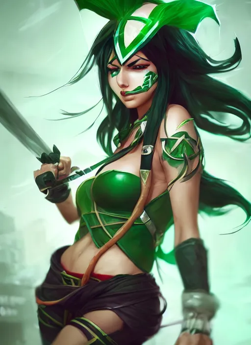 Image similar to dangerous akali, from league of legends, green daggers, nurse costume, hyper detailed, digital art, trending in artstation, cinematic lighting, studio quality, smooth render, unreal engine 5 rendered, octane rendered, art style by klimt and nixeu and ian sprigger and wlop and krenz cushart