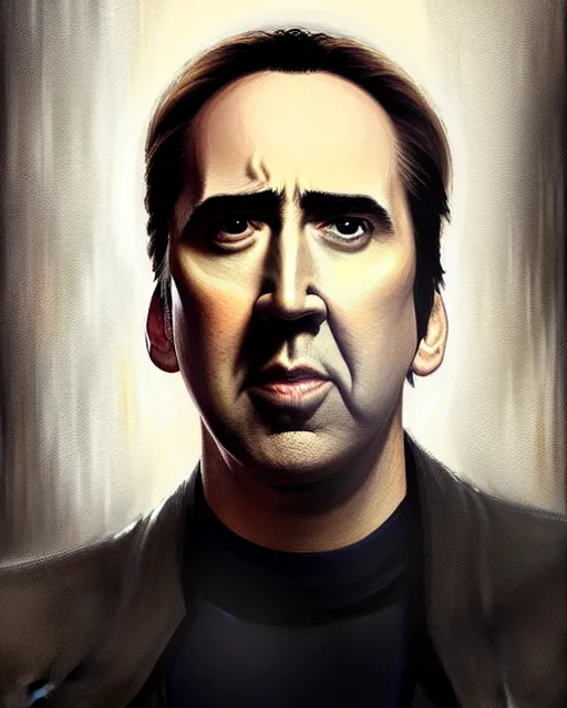 Prompt: nicholas cage with black bra portrait | | realistic shaded, unpleasant face, bad looking, fine details, realistic shaded lighting poster by greg rutkowski, magali villeneuve, artgerm, jeremy lipkin and michael garmash and rob rey