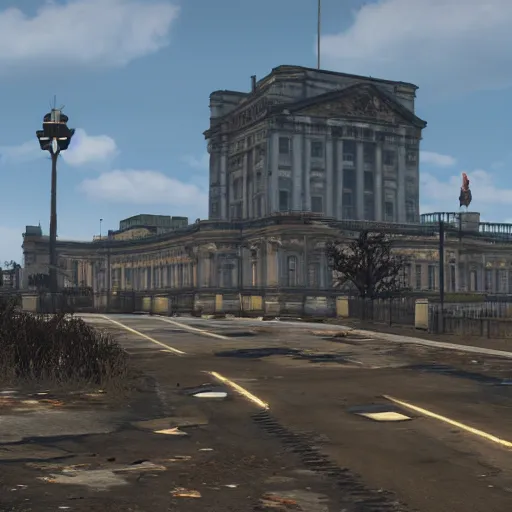 Image similar to buckingham palace in ruins post - nuclear war in fallout 4, in game screenshot