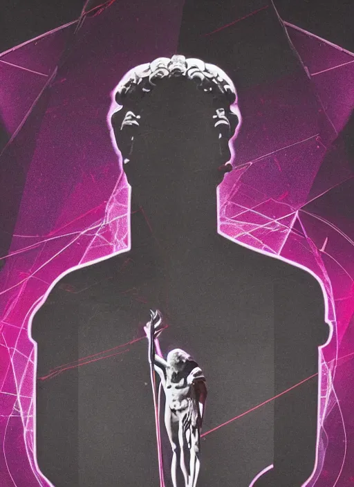 Prompt: elegant dark design poster showing a large greco roman statue of hermes, black background with very subtle red and purple design elements, bold, powerful, nekro, vito acconci, thin straight purple lines, dark, glitch art, neo vaporwave, gritty, layout frame, square, trending on artstation