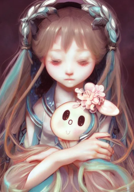 Image similar to hatsune miku holding cinnamoroll, pigtails, intricate, elegant, highly detailed, digital painting, artstation, concept art, smooth, sharp focus, illustration, art by artgerm and greg rutkowski and alphonse mucha and william - adolphe bouguereau