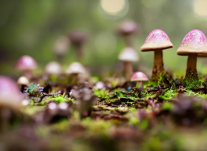 Image similar to a fantasy forest on an alien planet with delicate flowers and mushrooms that glow in the dusk, macro close up, f32, bokeh,