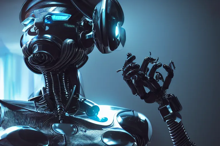 Image similar to cyberpunk alien concept inspired robot, futuristic look, highly detailed body, very powerful, photorealistic camera shot, bright studio setting, studio lighting, crisp quality and light reflections, unreal engine 5 quality render