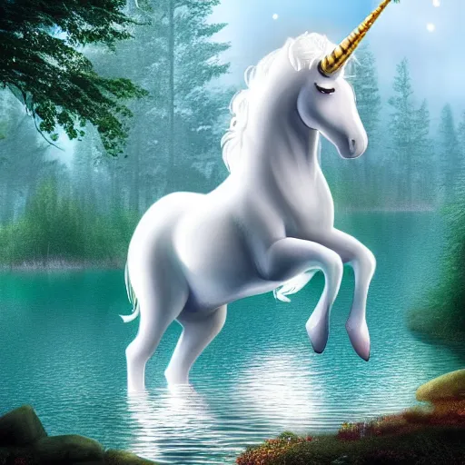 Image similar to a white unicorn drinking from a lake. the moon shines in the background forest on the unicorn. beautiful artstation, 4 k, hdr.