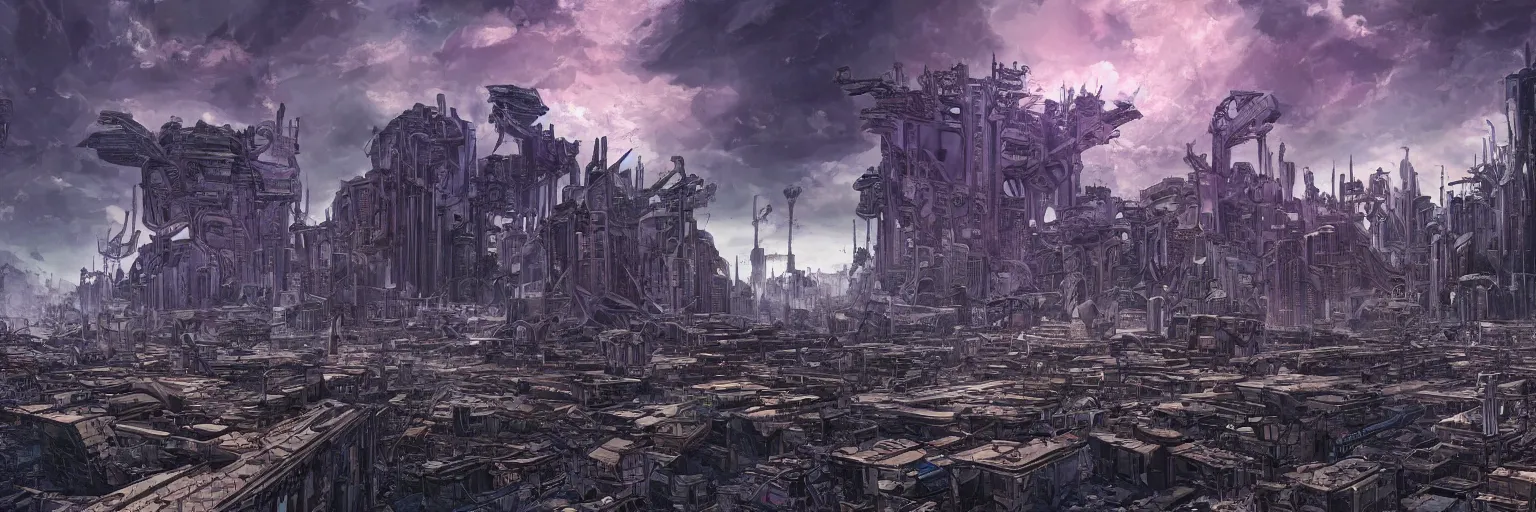 Prompt: A ruined cityscape with a sky that\'s a cosmos of broken planet earths by Daniel Sampere. Hyperdetailed. 8K Resolution. Comic Illustration. HD. 16k resolution HD HDR. Blue and Purple colored.
