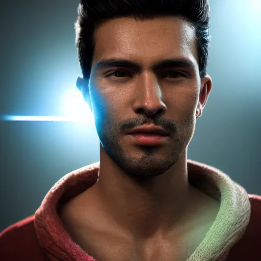 Image similar to portrait art of a very handsome Peruvian man with no facial hair, 8k ultra realistic, lens flare, atmosphere, glow, detailed,intricate, full of colour, cinematic lighting, trending on artstation, 4k, hyperrealistic, focused, extreme details,unreal engine 5, cinematic, masterpiece