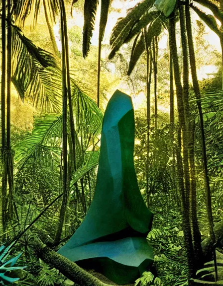 Prompt: vintage color photo of a giant 1 1 0 million years old abstract sculpture made of light beams and liquid gold in the jungle