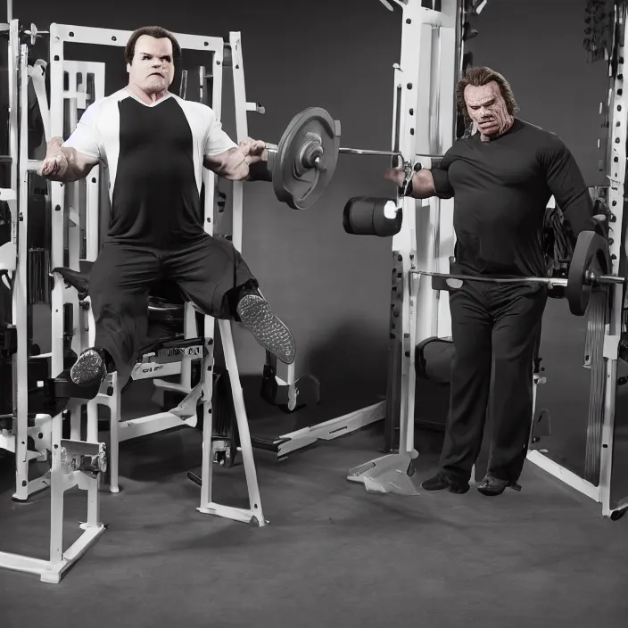 Image similar to portrait of Jack Black benching press with Arnold Schwarzenegger body, by Charlotte Grimm, natural light, detailed face, CANON Eos C300, ƒ1.8, 35mm, 8K, medium-format print