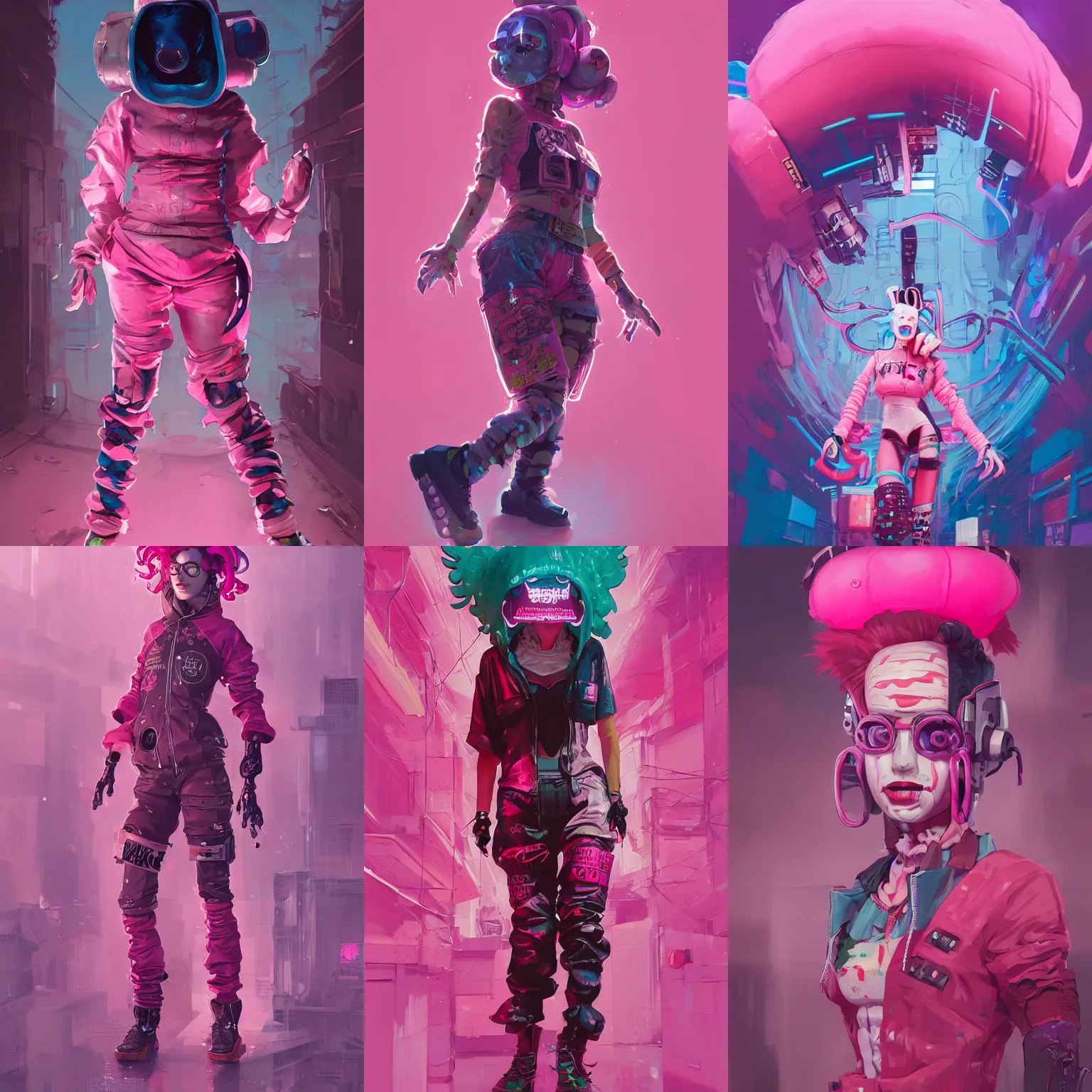 Prompt: wide view cyberpunk clown girl made of pink slime, wearing cyberpunk intricate streetwear, transparent, behance hd artstation by jesper ejsing by rhads, makoto shinkai and lois van baarle, ilya kuvshinov, ossdraws, cinematic lighting, sharp focus