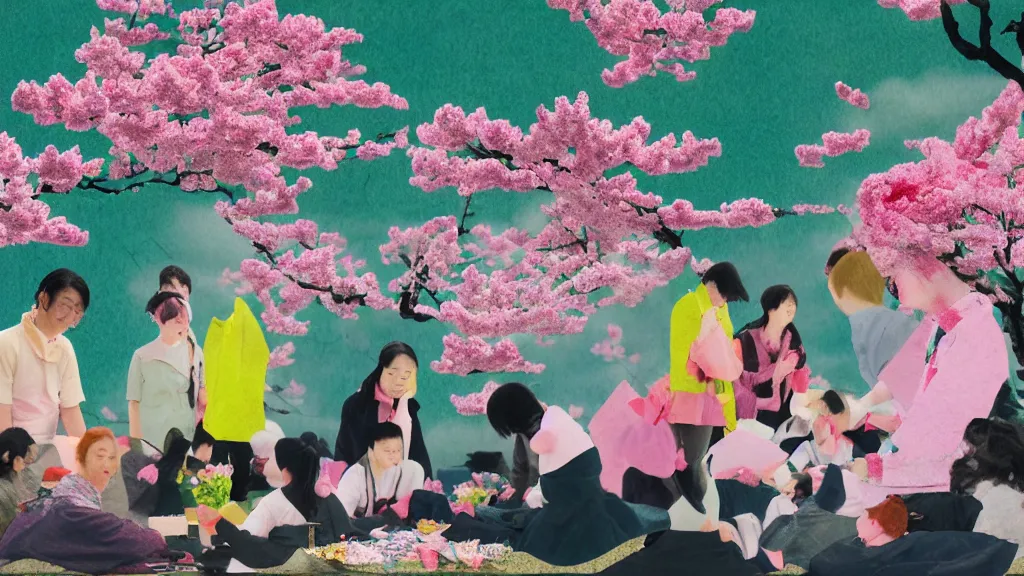 Image similar to a small group of people flower viewing sakura picnic, japan, a collage painting, in the style of wes anderson, lola dupre, david hockney, isolated on negative white space background dark monochrome neon fluorescent spraypaint accents volumetric octane render