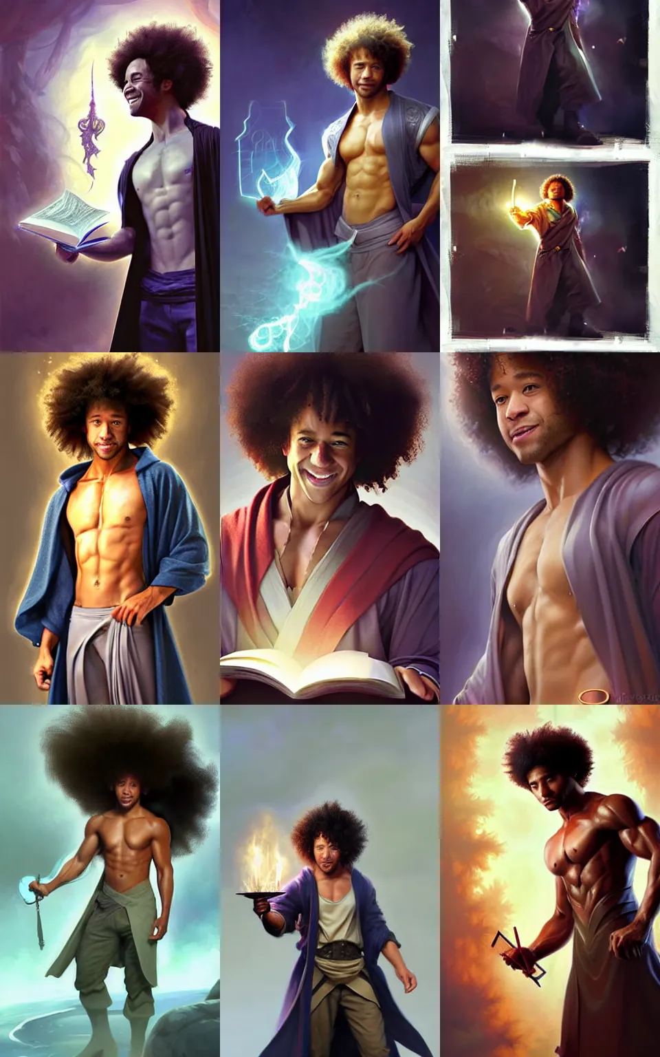 Prompt: character concept portrait of happy Corbin Bleu as a wizard enchanting a spell, a floating spell book in the center, muscular, abs, robes, elegant, digital painting, concept art, smooth, sharp focus, illustration, from Metal Gear, by Ruan Jia and Mandy Jurgens and William-Adolphe Bouguereau, Artgerm