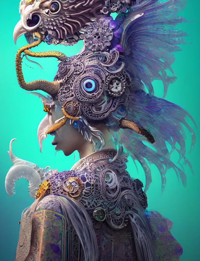 Image similar to 3 d goddess close - up profile solarpunk portrait ram skull. beautiful intricately detailed japanese crow kitsune mask and clasical japanese kimono. betta fish, jellyfish phoenix, bio luminescent, plasma, ice, water, wind, creature, artwork by tooth wu and wlop and beeple and greg rutkowski