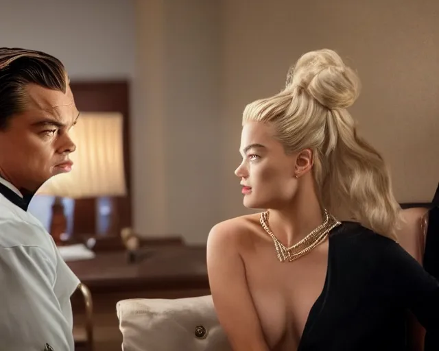 Image similar to leonardo dicaprio as the wolf of wall street next to margot robbie as naomi from the wolf of wall street, hyper realistic faces, detailed eyes, cinematic, long shot, hyper detailed, 8 5 mm photograph, 8 k resolution, film still, sharp lens, wide lens