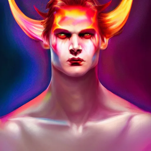 Image similar to self portrait of an ascended demon, colorful, sultry, artstation