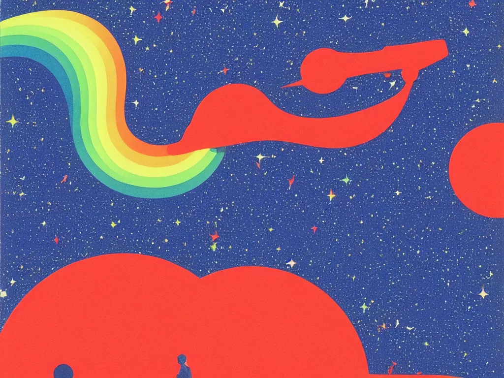 Prompt: the perfect spaceship flying and squirting fluorescent liquid in the universe, small reflecting rainbow stars, flat design, screen print by Kawase Hasui and Yves Klein