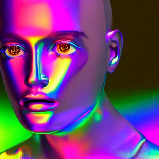 Image similar to 3d render of holographic human robotic head made of glossy iridescent, surrealistic 3d illustration of a human face non-binary, non binary model, 3d model human, cryengine, made of holographic texture, holographic material, holographic rainbow, concept of cyborg and artificial intelligence