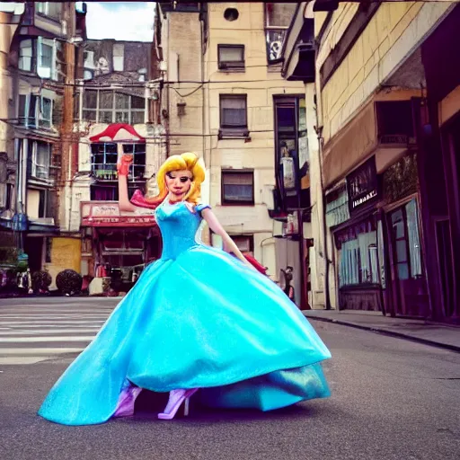 Prompt: photo of princess peach posing in the street