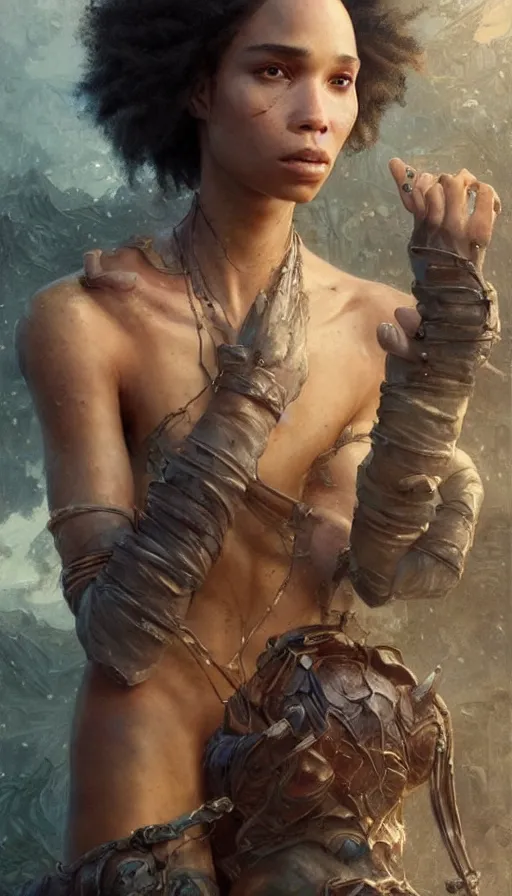 Prompt: epic masterpiece zoe kravitz, sweaty skin, hyperrealistic, octane render, cinematic, beautiful face and flawless skin, perfect hands, 5 fingers, by edgar maxence and ross tran and michael whelan, legends of runeterra