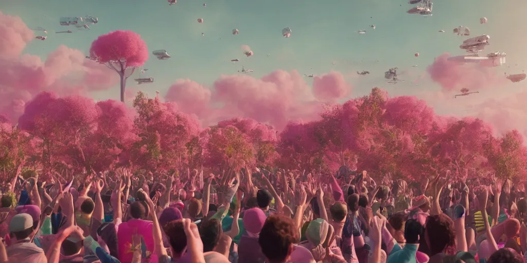 Prompt: a crowd of people celebrating with hands up next to a spaceship in wheatfields of pink plants, spaceships in the sky, pink trees, pink grass, at dawn, epic scale ultrawide angle, stunning, epic, cinematic, artstation trending, octane render, hyperrealistic, cryengine 8 k uhd