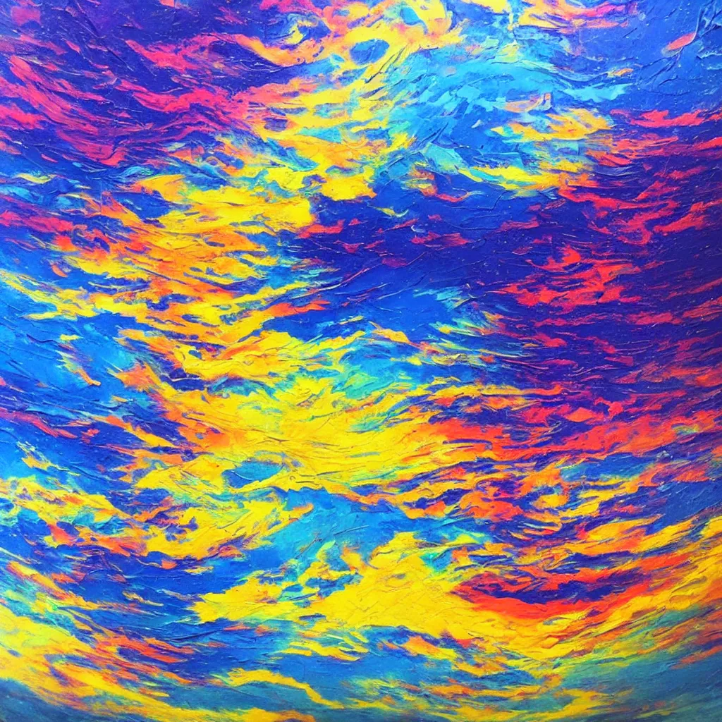 Prompt: large different coloured clouds painted in 2 inch thick!!! impasto shiny dripping oil paint