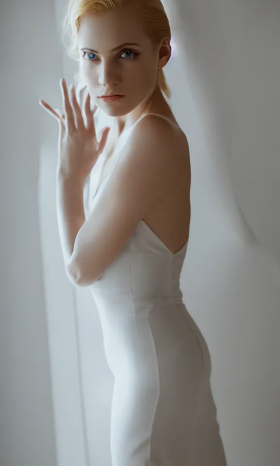 Image similar to photo of gorgeous seductive tall emily skinner cosplaying annie leonhart wearing elegant white dress, wearing open toe heels, in a white room, beautiful face, pale skin, rule of thirds, cinematic lighting, sharp focus, backlit, stunning, smooth, hard focus, full body shot, studio photo, shot on sony a 7 iii