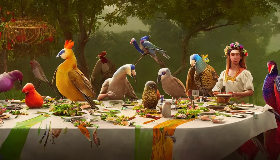 Image similar to a table dinner of exotic birds where birds are dressed like the characters from the midsommar movie wearing flowers, realistic detailed digital art by maxwell boas jessica rossier christian dimitrov anton fadeev trending on artstation cgsociety rendered in unreal engine 4 k hq