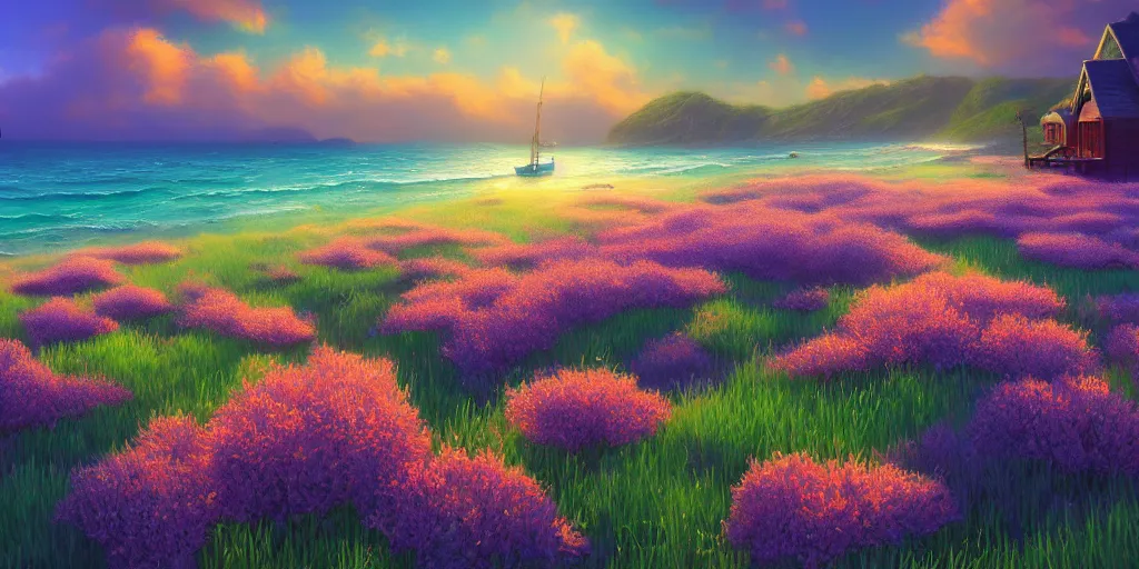 Prompt: Ocean inspired by Evgeny Lushpin,flower meadow,spring,cinematic,trending on ArtStation