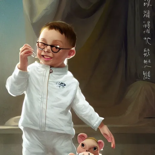 Prompt: young boy wearing white fabric pajama with cartoon paintings on it. standing and looking on a small furry smiling monkey. highly detailed, digital painting, artstation, concept art, smooth and sharp focus, cg by tian zi and wlop and alphonse mucha