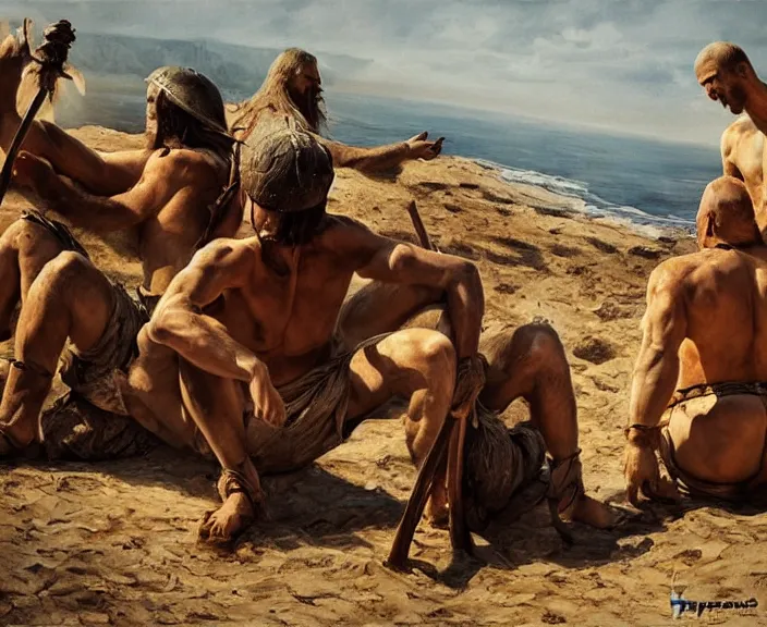 Image similar to barbarian men wait patiently for sunset, art by denys tsiperko and bogdan rezunenko, hyperrealism