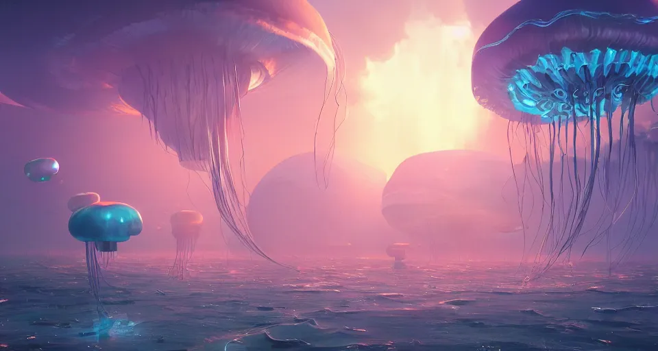 Image similar to A Jellyfish city rendered by Beeple, Makoto Shinkai, syd meade, simon stålenhag, environment concept, digital art, unreal engine, WLOP, trending on artstation, low level, 4K UHD image, octane render,