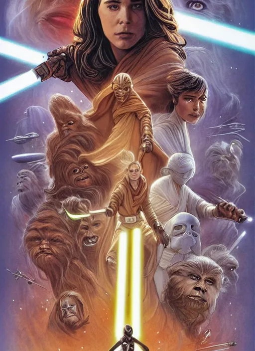 Image similar to movie poster by iain mccaig and magali villeneuve, a beautiful woman jedi master, highly detailed. star wars expanded universe, she is about 2 0 years old, wearing jedi robes.