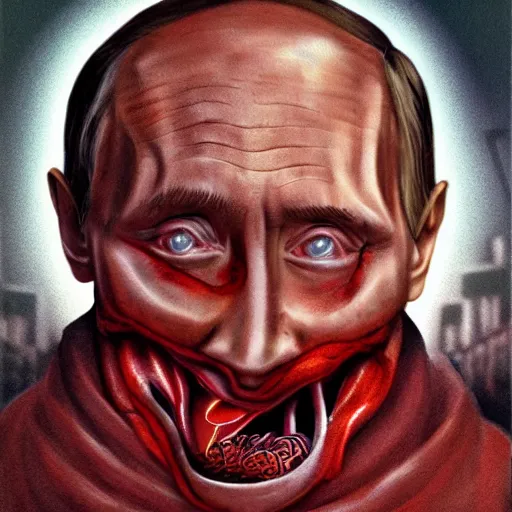 Image similar to vladimir putin became stupid brutal lovecraftian degenerate abomination, photo - realistic, color image, 2 k, highly detailed, horror