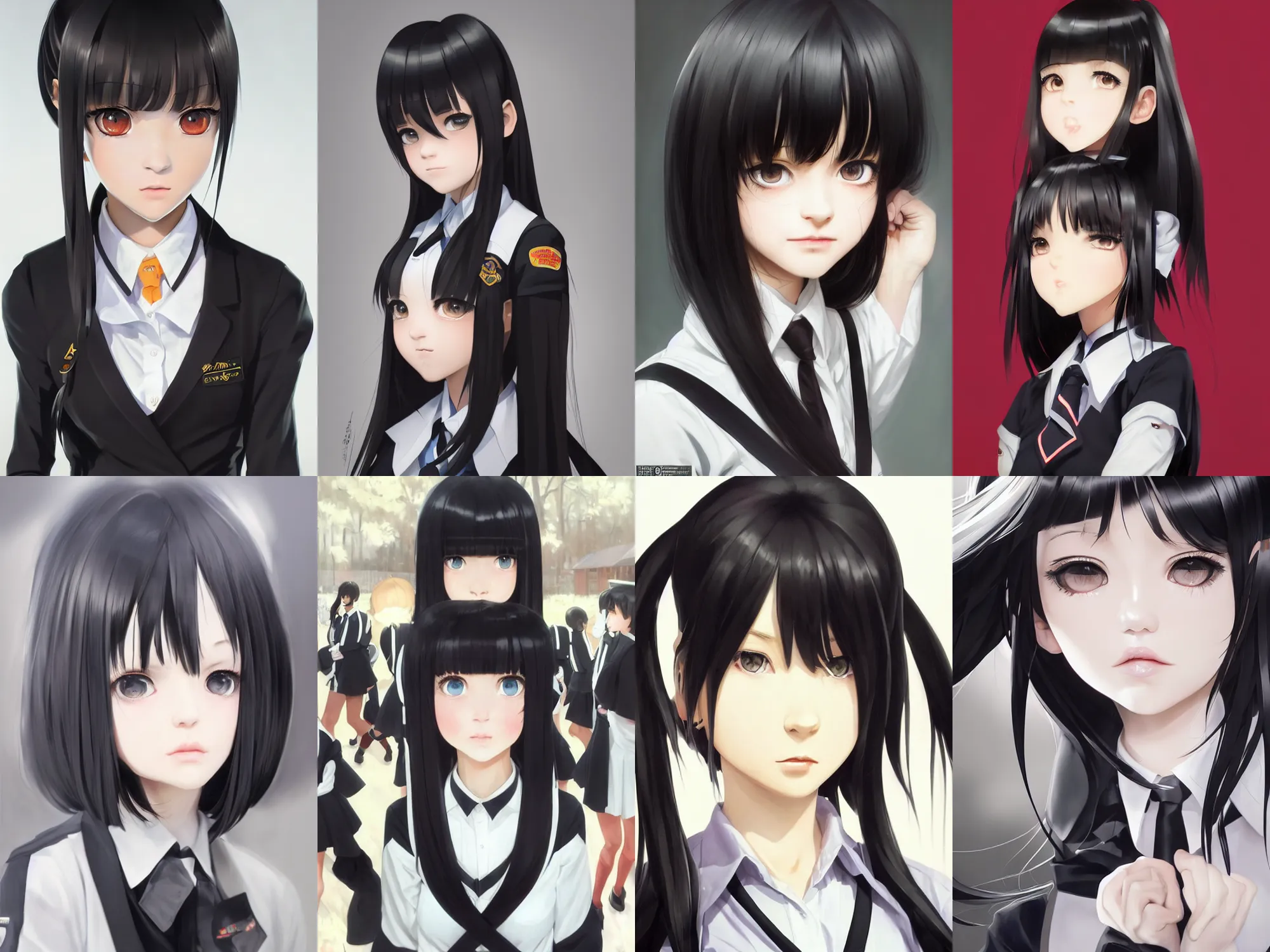 Prompt: A hyperrealistic schoolgirl, in black uniform, black silky hair, very detailed black stunning deep eyes. By ilya kuvshinov, krenz cushart, Greg Rutkowski, trending on artstation. Glossy materials, sharp highlights, amazing textured brush strokes, accurate shape, clear curvy details, cinematic soft volumetric studio lighting, with backlight, VFX, HDR