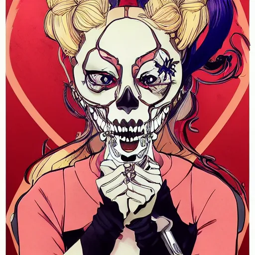 Image similar to anime manga skull portrait girl female HarleyQuinn skeleton illustration sunset art Geof Darrow and Ashley wood and Ilya repin and alphonse mucha pop art nouveau