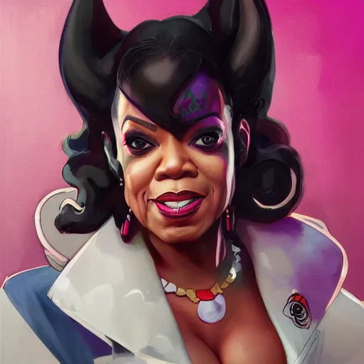 Image similar to Portrait of Oprah Winfrey as Harley Quinn, by artgerm and greg rutkowski and alphonse mucha and loish and WLOP, artstation, detailed, concept art, deviantart, colorful