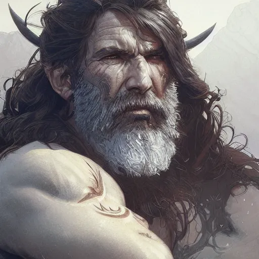 Image similar to portrait of a rugged male barbarian, D&D, fantasy, intricate, elegant, highly detailed, digital painting, artstation, concept art, smooth, sharp focus, illustration, art by artgerm and greg rutkowski and alphonse mucha