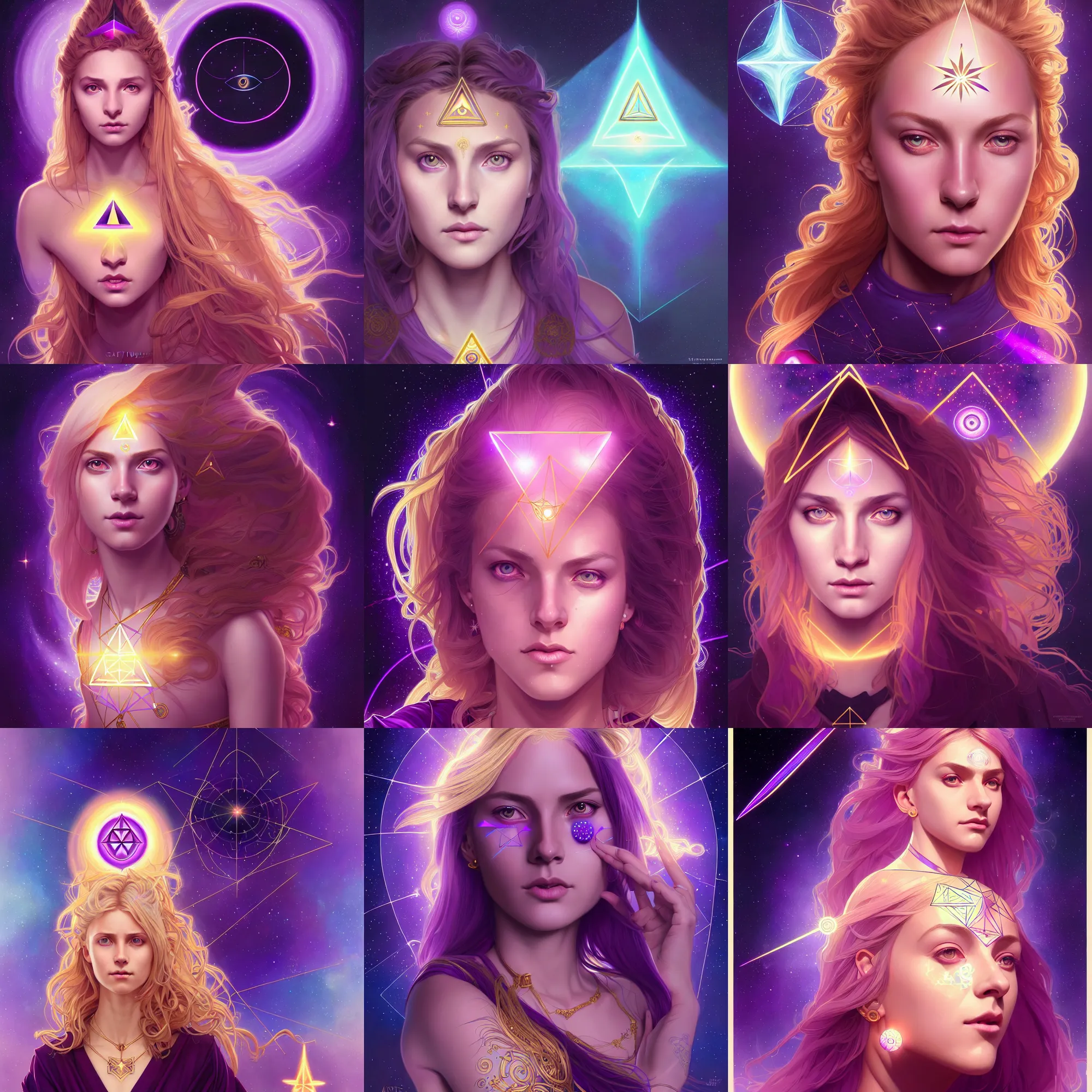 Prompt: portrait of a gallent girl with glowing purple third eye chakra and golden hair, geometric third eye triangle, sci - fi face, sacred geometric mandal background, breathtaking stars, elegant, highly detailed, digital painting, artstation, concept art, smooth, sharp focus, illustration, art by artgerm and greg rutkowski and alphonse mucha, psychedelic