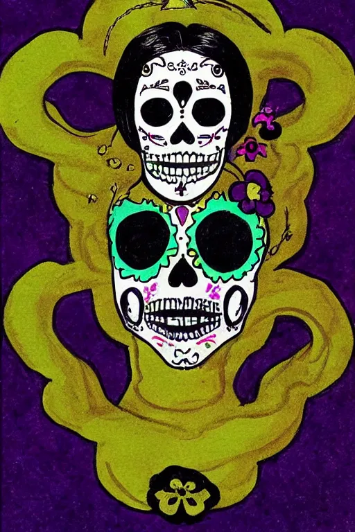 Image similar to Illustration of a sugar skull day of the dead girl, art by jack gaughan