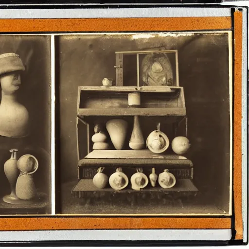 Image similar to Tintype photograph of objects displayed in an ethnographic museum, primitive display, anthropology of wonder, in the style of Marcel Duchamp, found objects, ready-made, 1920s studio lighting.